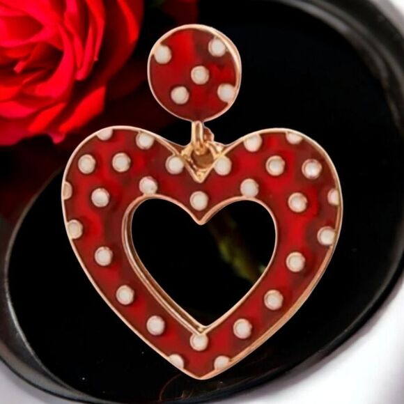 Heart-Shaped Red Polka Dot Earrings Valentine's Day Dangle Pierced Jewelry Love - Picture 4 of 5